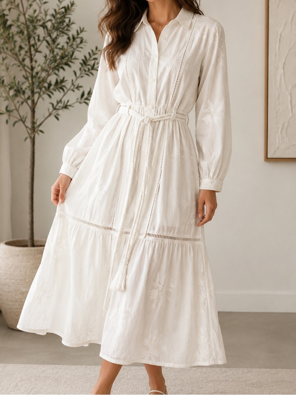 Zara White Embroidered Shirt Dress Belted Midi Size L NWOT